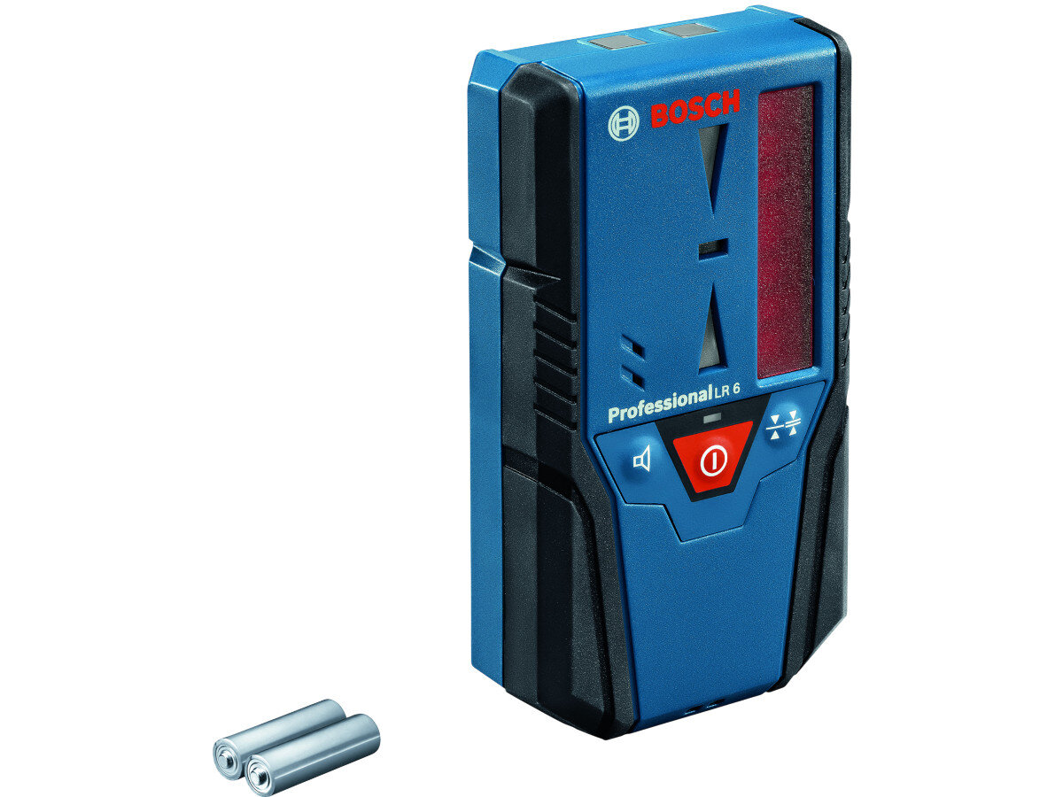 Odbiornik laserowy BOSCH Professional LR 6 (0601069H00), baterie, zasilanie, oszczędność, czas, na białym tle odbiornik laserowy oraz 2 sztuki baterii