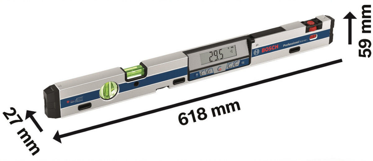 Na obrazie widoczna jest poziomnica laserowa z wyświetlaczem cyfrowym, oznaczona logo BOSCH Professional. Wymiary urządzenia to 618 mm długości, 59 mm wysokości i 27 mm szerokości.