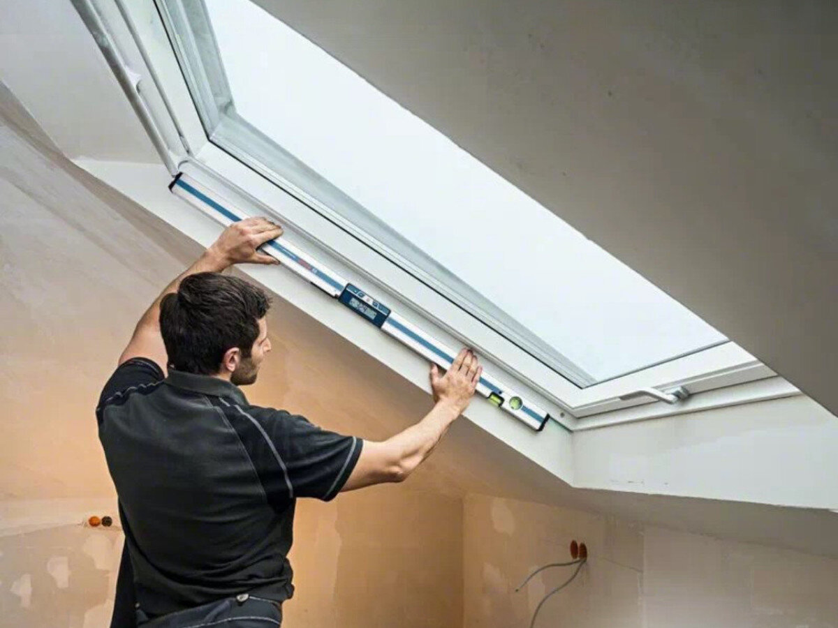 Osoba trzyma poziomnicę elektroniczną przy oknie dachowym. Poziomnica ma wyświetlacz cyfrowy i wbudowaną libellę.