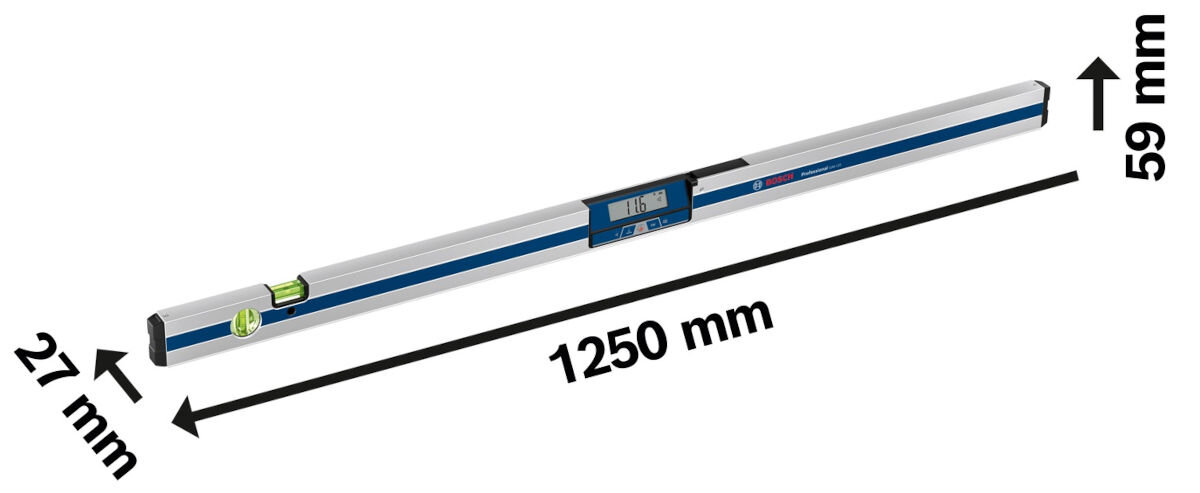 Na obrazie widoczna jest elektroniczna poziomnica z wyświetlaczem cyfrowym, oznaczona wymiarami: 1250 mm długości, 59 mm wysokości i 27 mm szerokości. Poziomnica posiada wbudowaną libellę oraz logo BOSCH na obudowie.