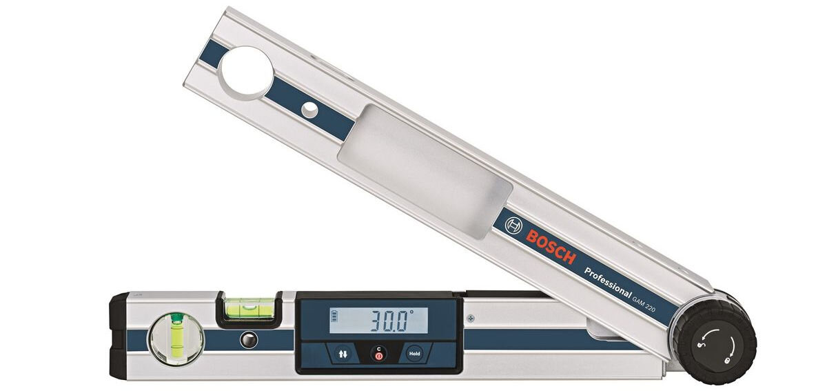 Kątomierz cyfrowy BOSCH Professional GAM 220 0601076500, aluminium, waga, solidny, korpus, Kątomierz cyfrowy Bosch GAM 220, widok urządzenia na białym tle
