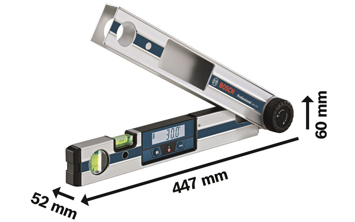 Kątomierz cyfrowy BOSCH Professional GAM 220 0601076500, pokrowiec, baterie, zestaw, etui, Wymiary kątomierza Bosch GAM 220: 447 mm x 52 mm x 60 mm.