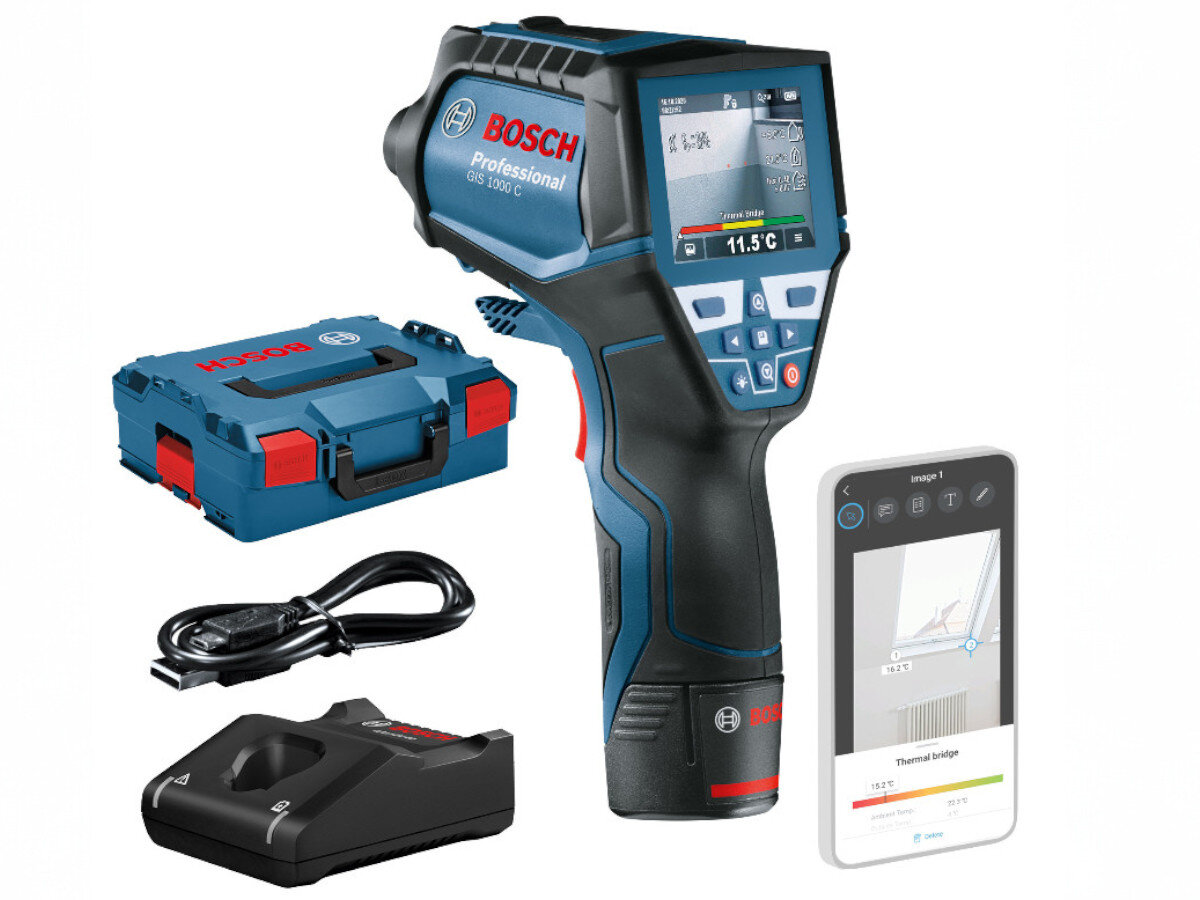 Termodetektor BOSCH Professional GIS 1000 C 0601083301, zasilanie, akumulator, baterie, mobilność, na białym tle termodetektor z pełnym pakietem wyposażenia