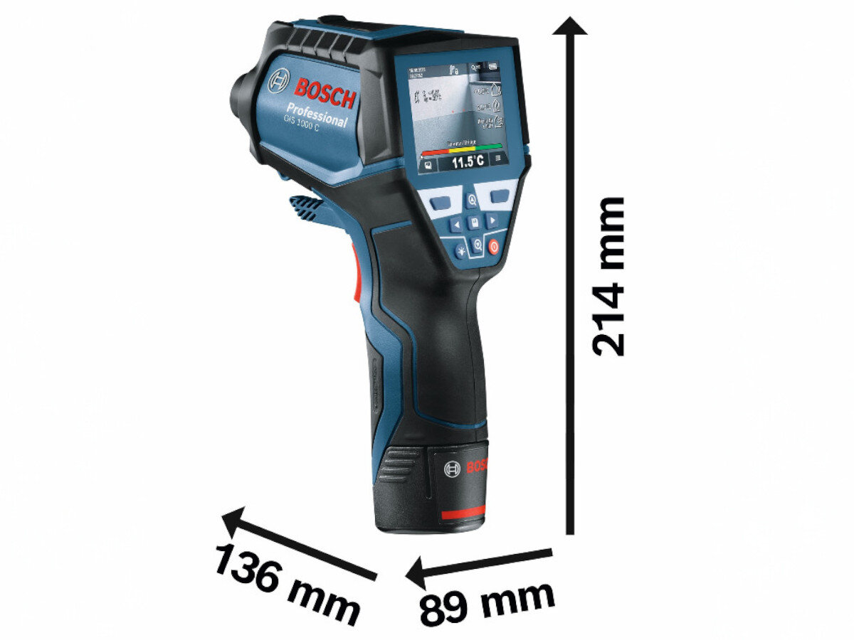 Termodetektor BOSCH Professional GIS 1000 C 0601083301, ochrona, IP54, waga, obudowa, na białym tle termodetektor z podaniem jego wymiarów