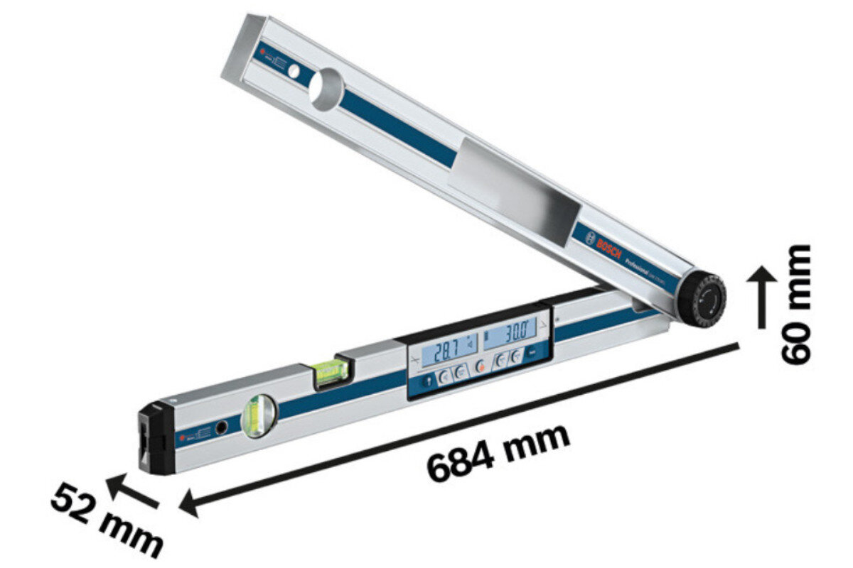 Kątomierz cyfrowy BOSCH Professional GAM 270 MFL 0601076400, przedłużka, ramie, przyłożenie, wszechstronność, Wymiary kątomierza Bosch GAM 270 MFL: 684x52x60 mm.