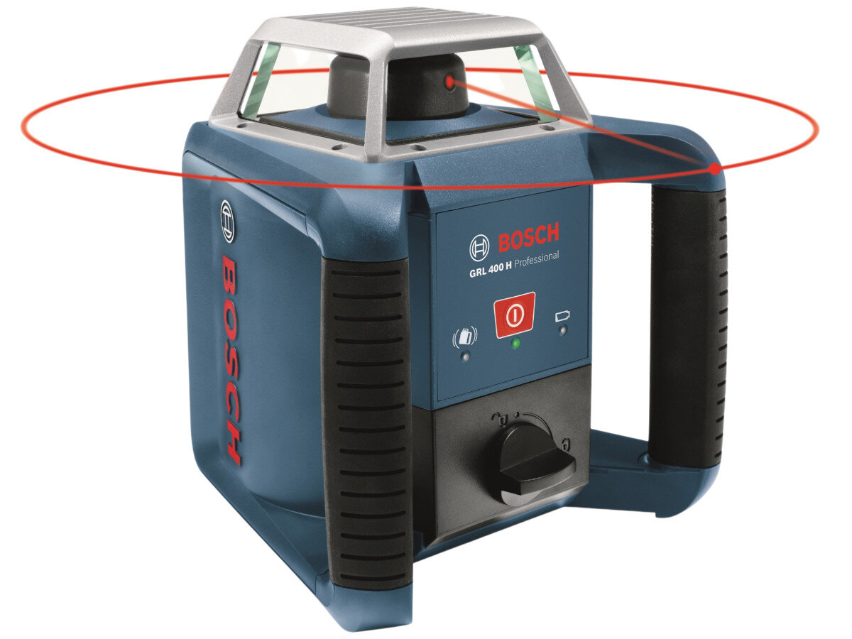 Na obrazie widoczny jest niebieski laser rotacyjny z czarnymi uchwytami i srebrnym uchwytem na górze. Na urządzeniu znajduje się logo \'BOSCH\' oraz napis \'GRL 400 H Professional\'.