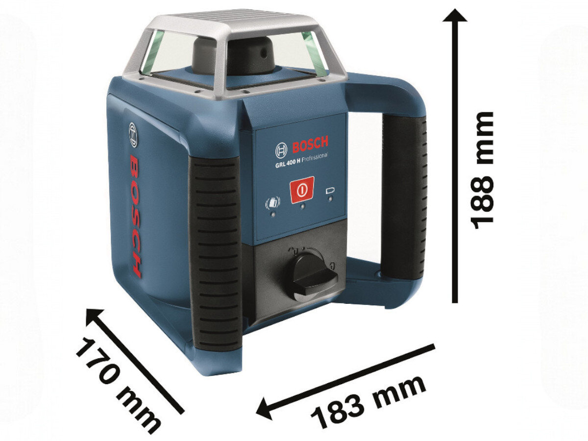 Na obrazie znajduje się niebieski laser rotacyjny z czarnymi uchwytami, oznaczony jako BOSCH Professional GRL 400 H. Wymiary urządzenia to 170 mm x 183 mm x 188 mm.