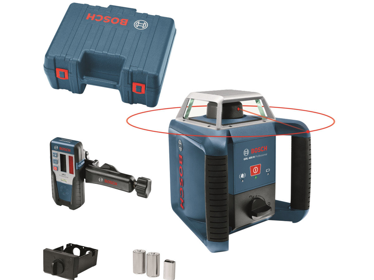 Na obrazie znajduje się laser rotacyjny BOSCH Professional GRL 400 H z akcesoriami, w tym walizką, uchwytem, bateriami i innymi elementami. Widoczne jest logo BOSCH na urządzeniu i walizce.
