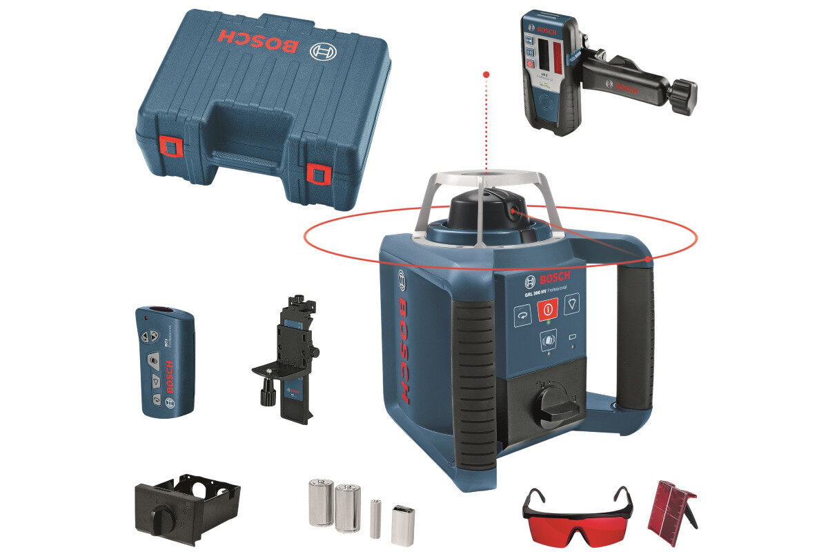 Laser obrotowy BOSCH Professional GRL 300 HV 0601061501, uchwyt, walizka, ochrona, namierzanie, Zestaw lasera Bosch GRL 300 HV z odbiornikiem, pilotem i walizką.