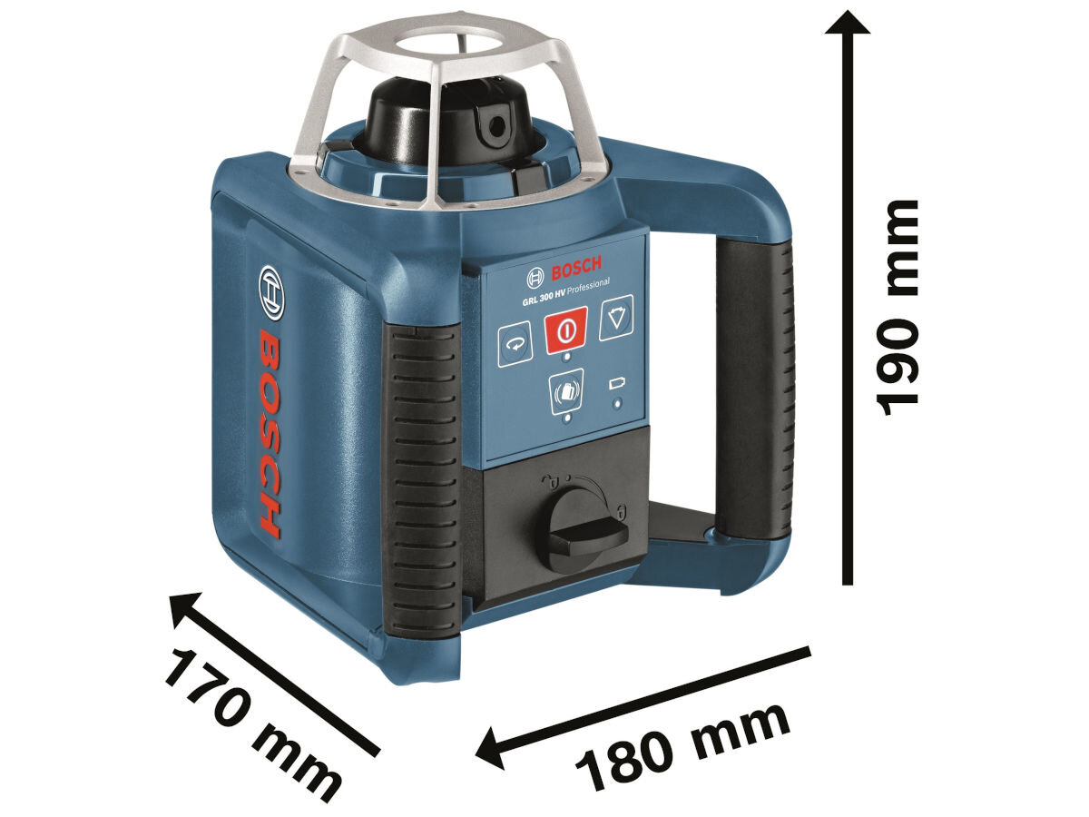 Laser obrotowy BOSCH Professional GRL 300 HV 0601061501, bateria, rotacja, linia, wstrząsy, Wymiary lasera obrotowego Bosch GRL 300 HV: 190 na 180 na 170 mm.
