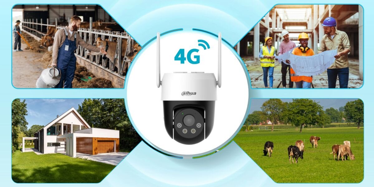 Obraz przedstawia kamerę obrotową z logo Dahua i oznaczeniem 4G, otoczoną czterema zdjęciami: osoba przy krowach, nowoczesny dom, grupa osób z planami budowy oraz krowy na pastwisku.