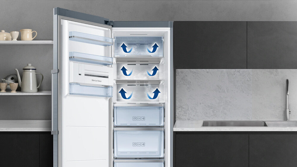 Zamrażarka SAMSUNG Twin RZ32M7535B1 system All-Around Cooling równomiernie chłodzi każdą część zamrażarki otwory wentylacyjne na kilku poziomach stabilna temperatura wewnątrz