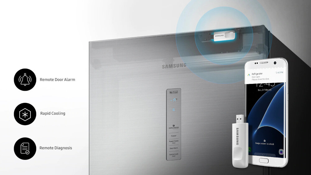 Zamrażarka SAMSUNG Twin RZ32M7535B1 klucz sprzętowy Adapter Smart Dongle aplikacja na smartfonie kontrolować tryby szybkiego zamrażania monitorować temperaturę otrzymywać powiadomienia