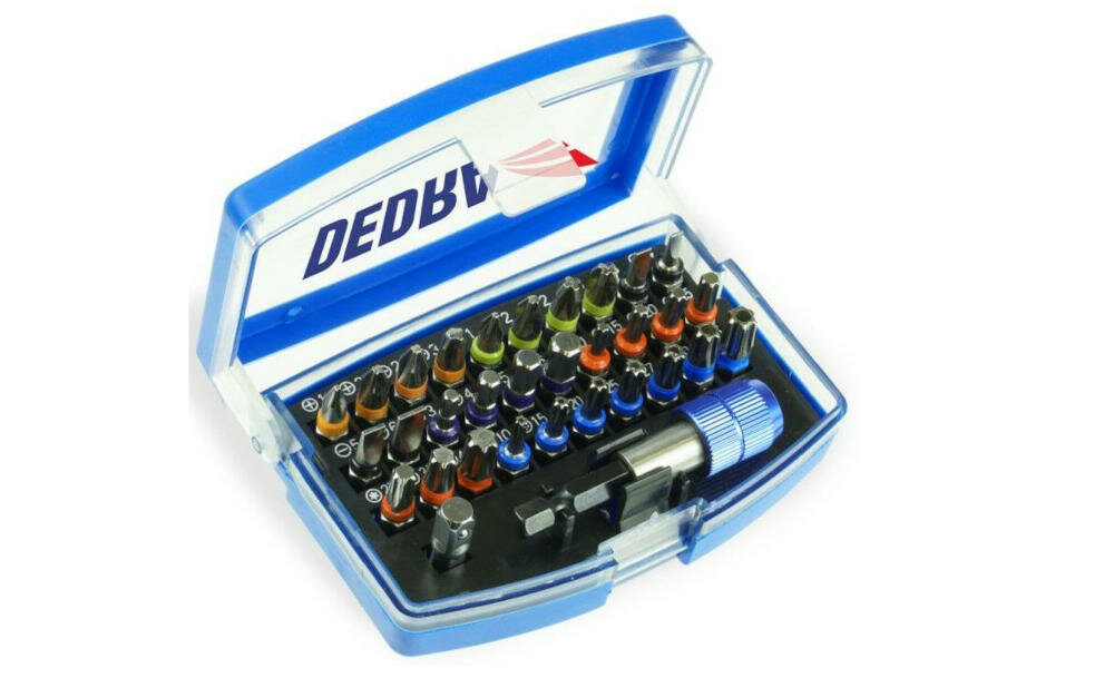 DEDRA-18A11S032 elementy nasadki końcówki wkrętakowe wysokogatunkowa stal odporność odkształcenia odkuwane matrycowo plastikowa kaseta przechowywanie transport uchwyt