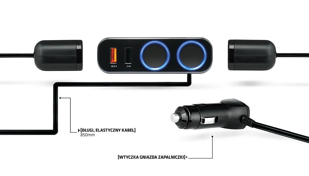 Rozgałęźnik samochodowy XBLITZ R2 Quick Charge trwałość kabel led podświetlenie gniazda usb zapalniczka