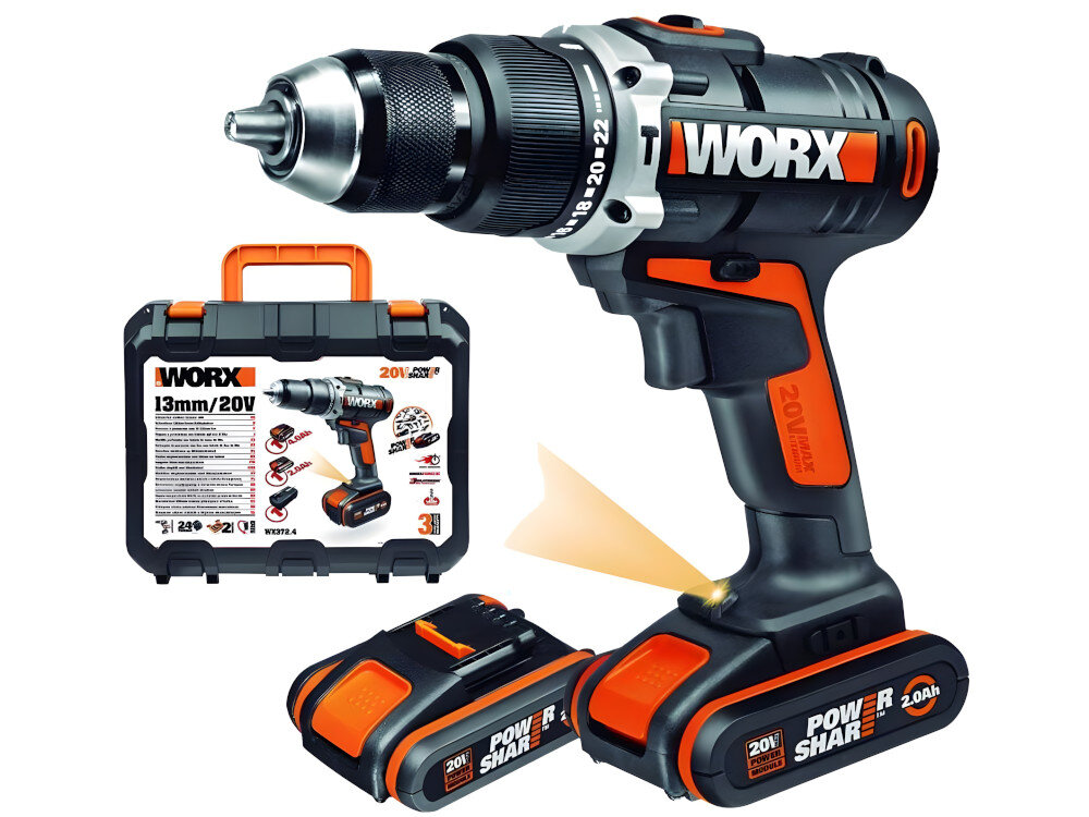 Wiertarko-wkrętarka WORX WX372 w zestawie bit 2 akumulatory ładowarka walizka transportowa instrukcja obsługi w języku polskim karta gwarancyjna