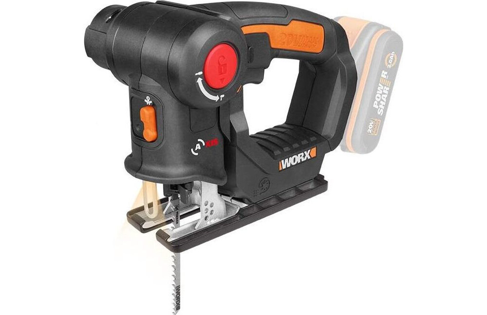 Wyrzynarka WORX WX550.9 akumulator litowo-jonowy o napięciu 20 V maksymalna prędkość brzeszczotu do 3000 skok/min długość skoku 20 mm model bez akumulatora i ładowarki