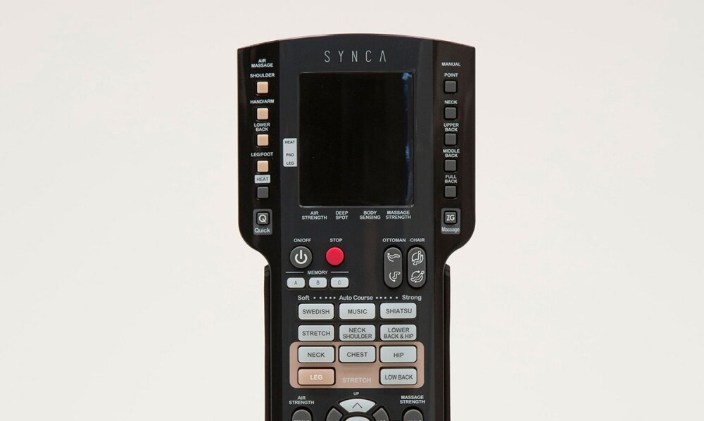 Fotel masujący SYNCA Kagra techniki masażu głowice powietrze czujniki panel sterujący masaż 4D zerowa grawitacja podnózek regulacja głośniki styl elegancja