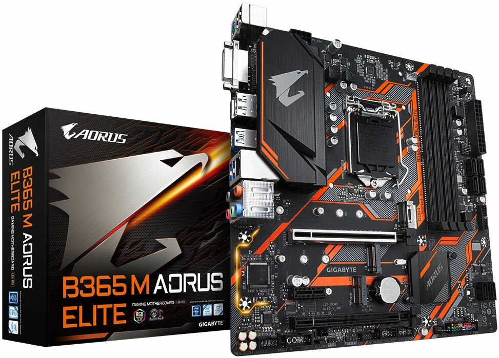 Płyta główna GIGABYTE B365 M Aorus Elite - wygląd ogólny opakowanie optymalne osiągi podświetlenie RGB Fusion 2.0
