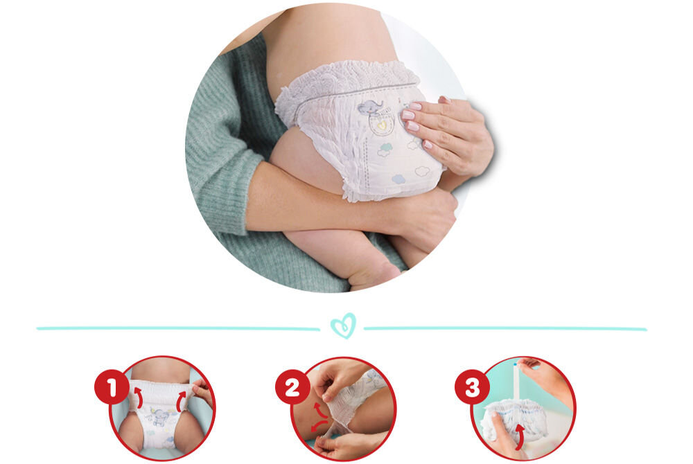 Pieluchomajtki PAMPERS Premium Care Pants 5 (34 szt.) graficzna instrukcja zdejmowania pieluszki