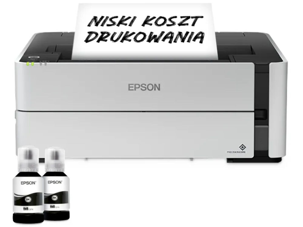 Drukarka EPSON EcoTank M1170 Automatyczny druk dwustronny, Wi-Fi prezentacja drukarki od przodu na białym tle z wydrukowaną kartką niski koszt drukowania - niski koszt wydruku strony oszczędność
