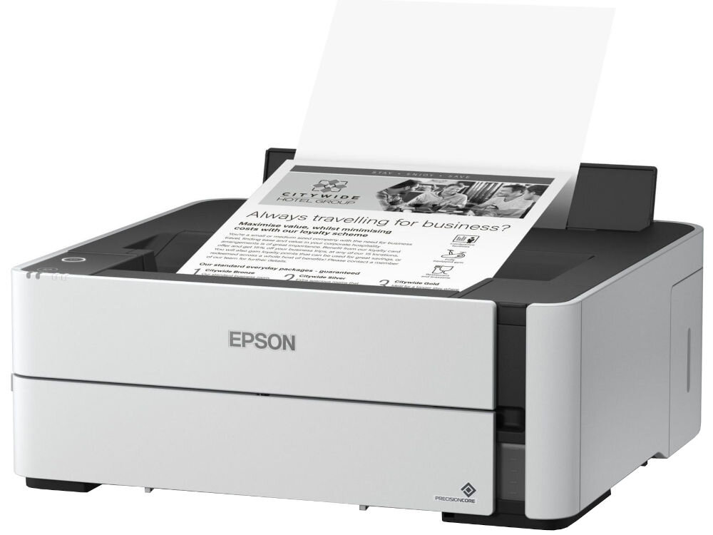 Drukarka EPSON EcoTank M1170 Automatyczny druk dwustronny, Wi-Fi prezentacja drukarki od przodu na białym tle z wydrukowaną kartką - funkcja duplex i oszczędność papieru