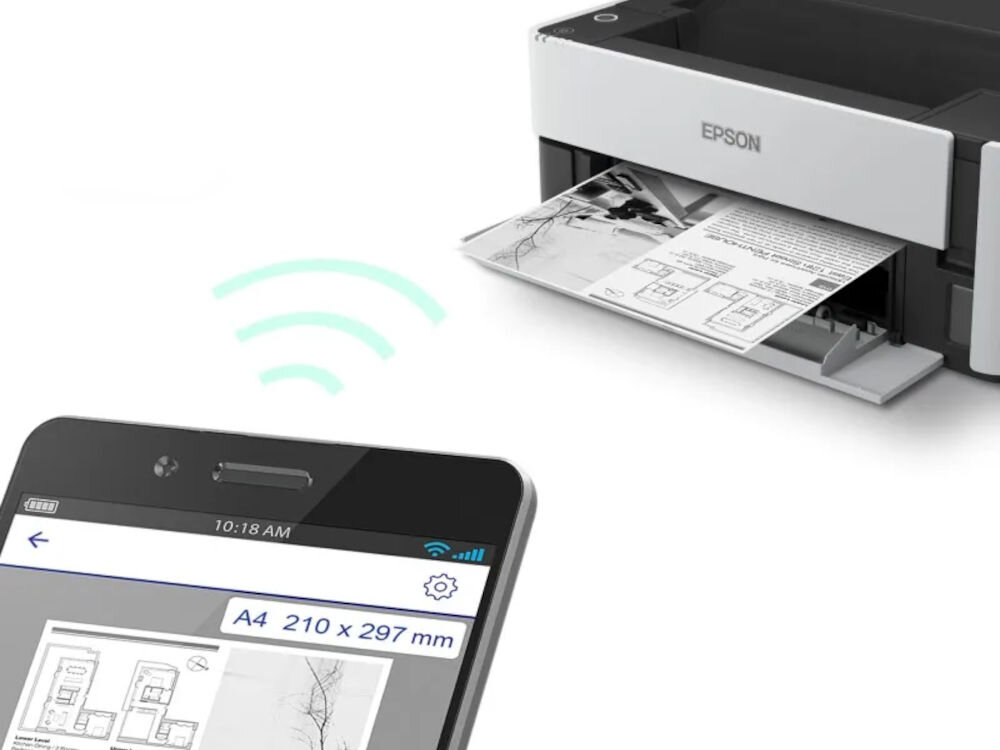 Drukarka EPSON EcoTank M1170 Automatyczny druk dwustronny, Wi-Fi prezentacja drukarki z wydrukowaną kartką i telefonem z włączoną aplikacją - łączność bezprzewodowa i druk mobilny