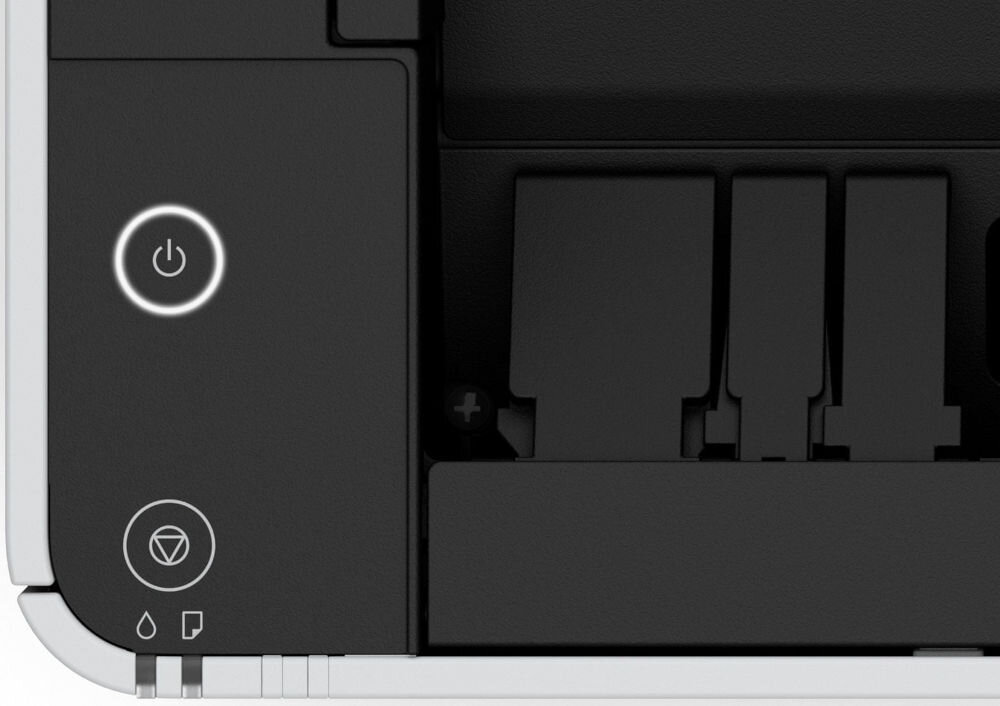 Drukarka EPSON EcoTank M1170 Automatyczny druk dwustronny, Wi-Fi prezentacja drukarki od góry zbliżenie na włącznik - głowica PrecisionCore, dokładne wydruki