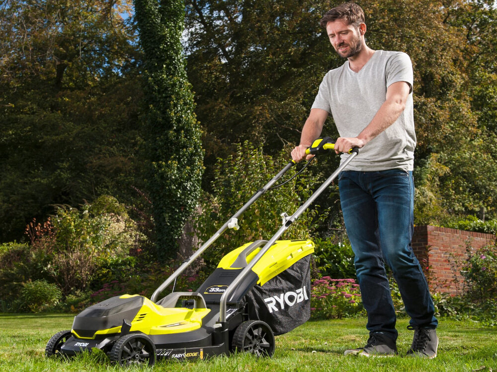 Kosiarka akumulatorowa RYOBI RYOBI RLM18X33B-40 koszenie z uwzględnieniem preferowanej wysokości 25-65 cm mechanizm sprężynowy 5-stopniowa skala wyrzut tylny do kosza funkcja mulczowania wyrzut tylny