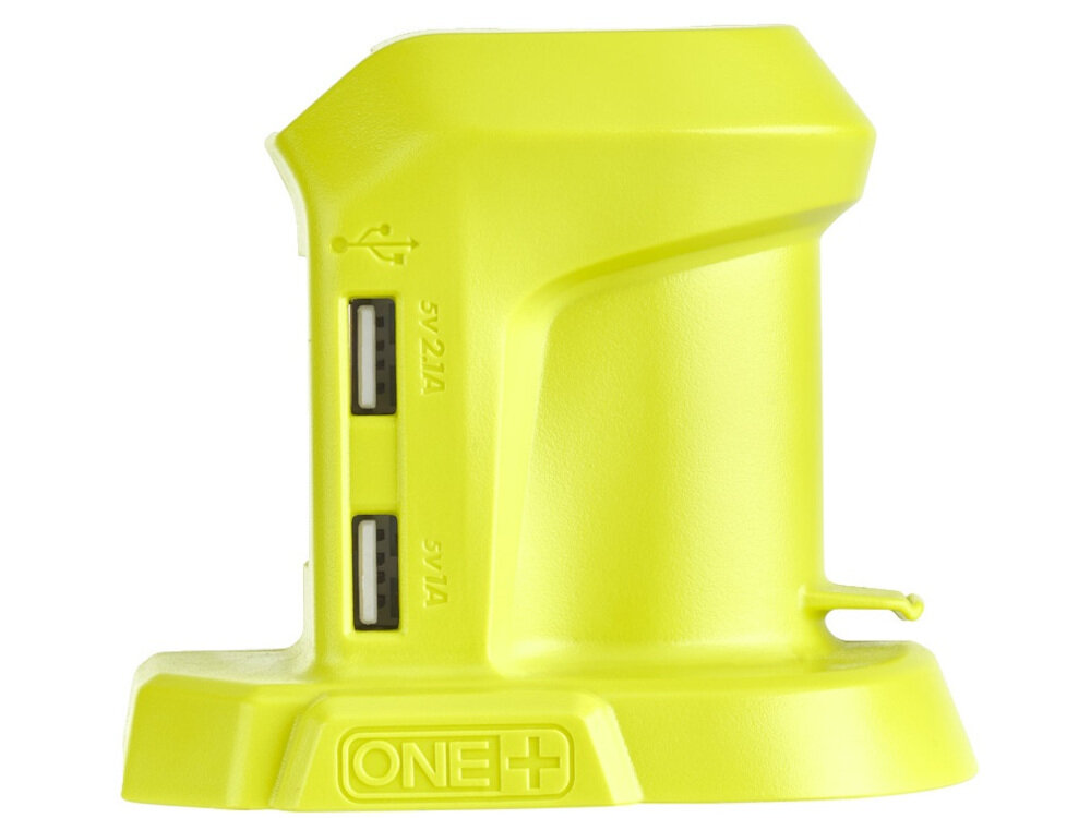 Ładowarka RYOBI R18USB-0 zasilana akumulatorem litowo-jonowym o napięciu 18 V kompatybilne z akumulatorami z serii RYOBI ONE+ dwa porty USB 2,1 A 1,0 A w zestawie brak akumulatora