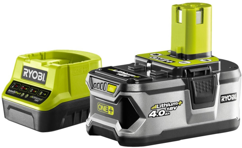 Akumulator + ładowarka RYOBI RC18120-140 ONE+ seria RYOBI ONE+ akumulator RC18120-115 z szybką ładowarką wykonany z materiału wysokiej jakości napięcie 118 V litowo-jonowy pojemność 4,0 Ah szybka ładowarka RC18120 z 4-stopniowym wskaźnikiem naładowania