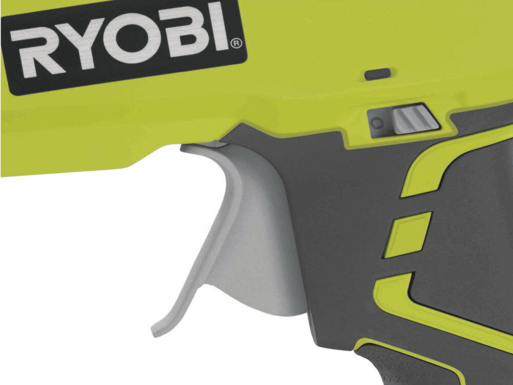 Pistolet do kleju RYOBI R18GLU-0 uchwyt wygodny pokryty miękką okładziną pewny i stabilny chwyt włącznik obsługiwany dwoma palcami