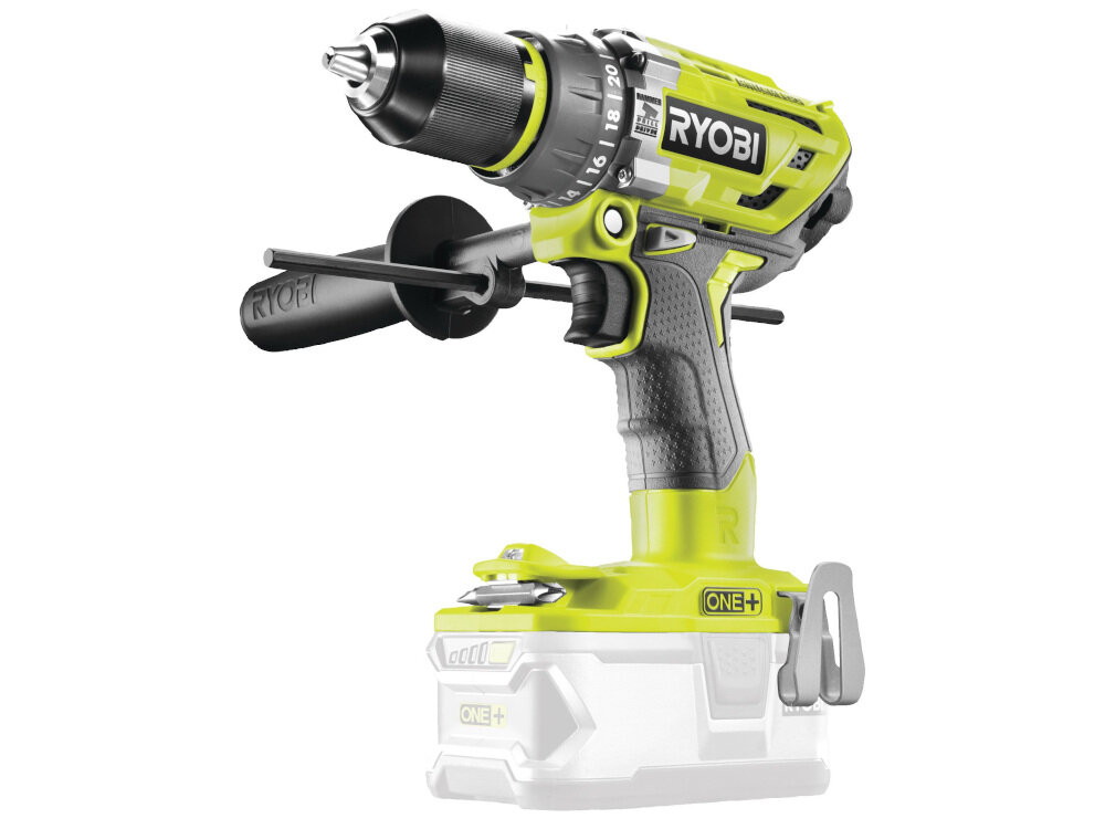 Wiertarko-wkrętarka RYOBI R18PD7-252S elektronarzędzie ze świetnymi parametrami technicznymi solidne i niezawodne do pracy w drewnie w stali w murze funkcja udaru niewielka masa 2,1 kg z akumulatorem poziom mocy akustycznej 99 dB