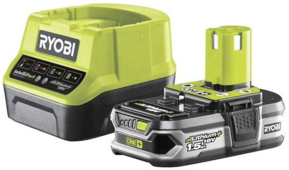 Akumulator + ładowarka RYOBI RC18120-115 seria RYOBI ONE+ akumulator RC18120-115 z szybką ładowarką wykonany z materiału wysokiej jakości napięcie 118 V litowo-jonowy pojemność 1,5 Ah szybka ładowarka RC18120 z 4-stopniowym wskaźnikiem naładowania