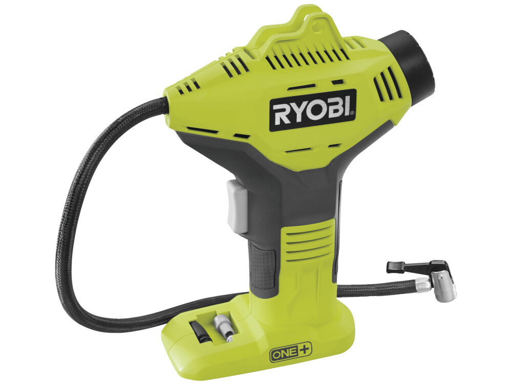 Minikompresor RYOBI ONE+ R18PI-0 zasilany przez akumulator o napięciu 18 V licznik maksymalna moc 10,34 barów przy przepływie 16 l/min model bez akumulatora i ładowarki