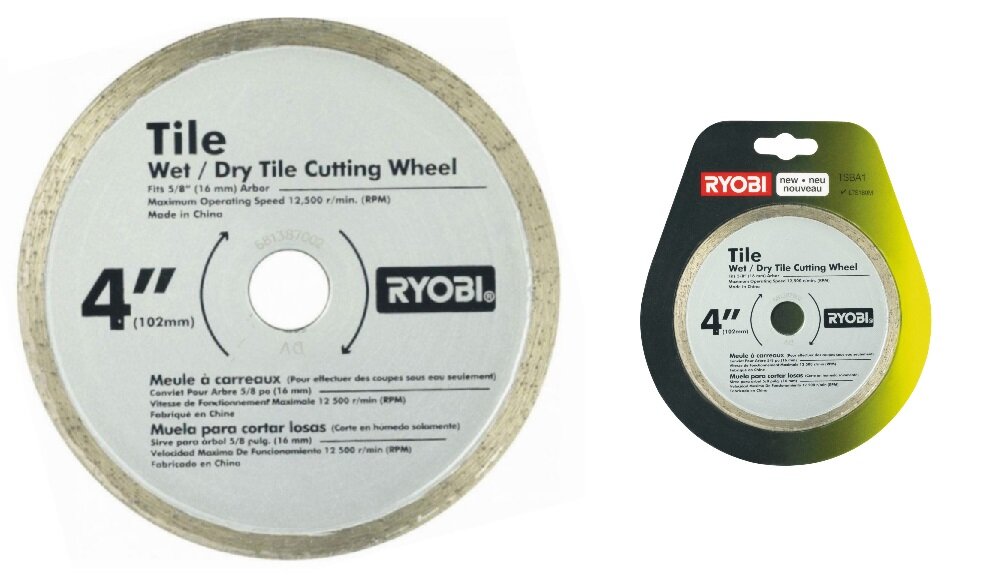 Tarcza RYOBI TSBA1 wykonana z nasypu diamentowego średnica 102 mm średnica otworu 16 mm płytki o maksymalnej grubości do 22 mm przy cięcia pod kątem prostym do 16 mm przy cięciu pod kątem 45 stopni