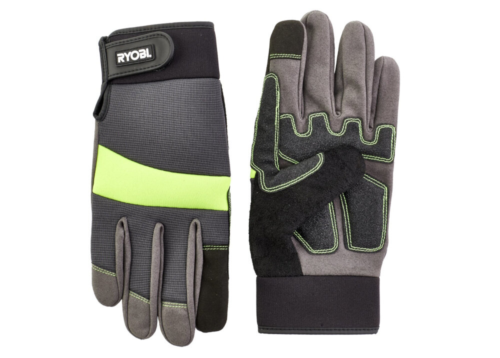 Rękawice RYOBI RAC811M (rozmiar M) wodoodporne wzmocniona część chroni wnętrze dłoni i kciuk przed urazem porowata powierzchnia specjalna powłoka na palcu wskazującym w szarym kolorze w rozmiarze M