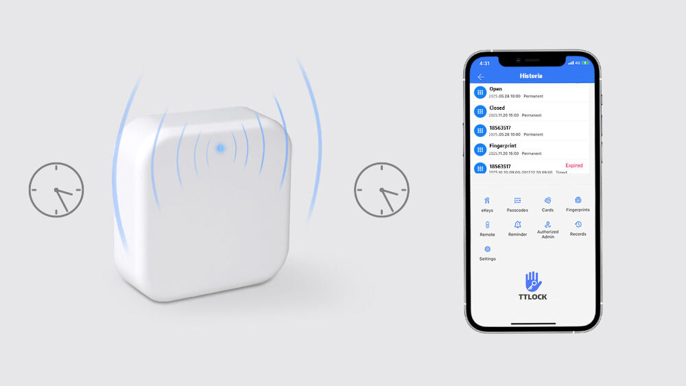 Bramka EURA ACA-20C9 Wi-Fi, dane, sytuacje, zdalne, historia wejść, Bramka z wizualizacją zegarów z czasem wejść, obok smartfon z włączoną aplikacją TTLock