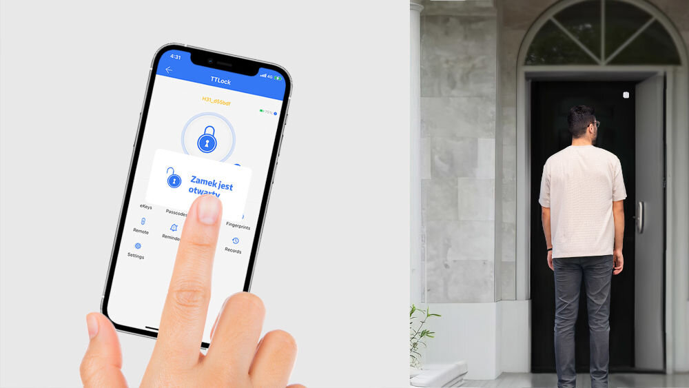 Bramka EURA ACA-20C9 Wi-Fi, zgubienie, brelok, kod, zdalne odblokowanie, aplikacja, Z lewej strony smartfon z aplikacją TTLock, z prawej strony osoba chcąca wejść do mieszkania bez breloka, kodu