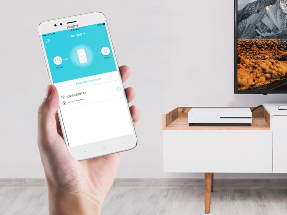 Wzmacniacz sieci TP-LINK RE300 aplikacja TP-LINK Tether, monitorowanie stanu wzmacniacza sygnału, kontrola funkcji, dostęp do zmiany ustawień, urządzenie mobilne