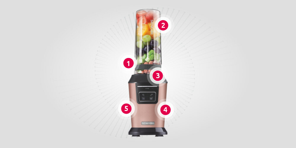 Blender kielichowy SENCOR SBL 7175RS wieczko gwint ustnik naczynie jednostka noży pokrywa próżniowa przycisk włączenie wyłączenie