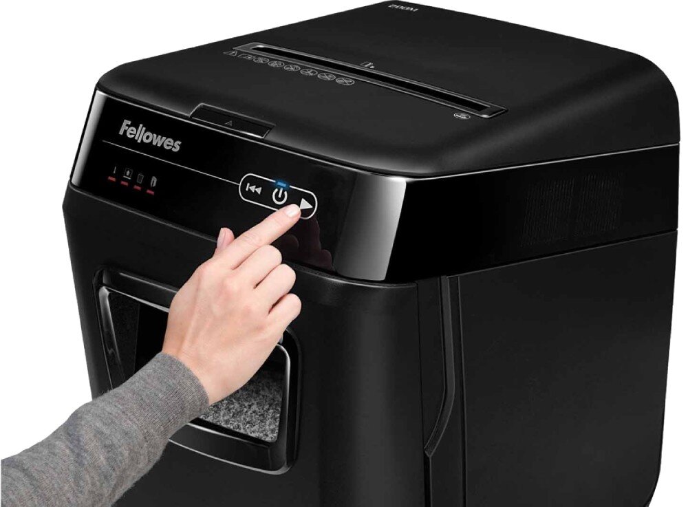 Niszczarka FELLOWES Automax 200M 32 L, P-5, Ścinki, Automatyczny Start/Stop, Funkcja cofania głośność hałas cofanie diody