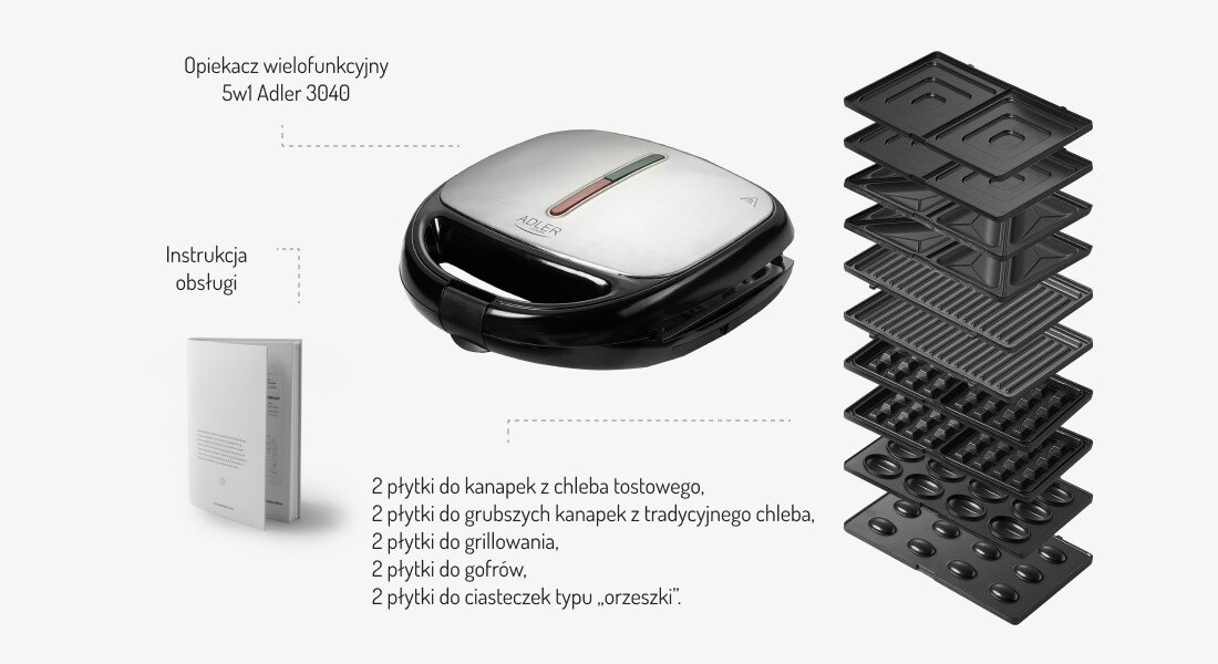 Opiekacz ADLER AD 3040 5w1 zestaw akcesoria komplet wyposazenie