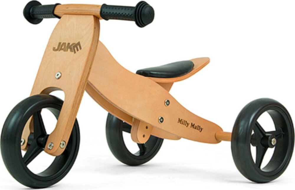 Rowerek biegowy MILLY MALLY Jake Natural 2w1 Jasnobrązowy rozpocznają naukę jazdy łatwe przestawienia na dwa lub trzy kółka ćwiczy motorykę siłę mięśnie nóg utrzymywanie równowagi koordynację wzrokowo-ruchową