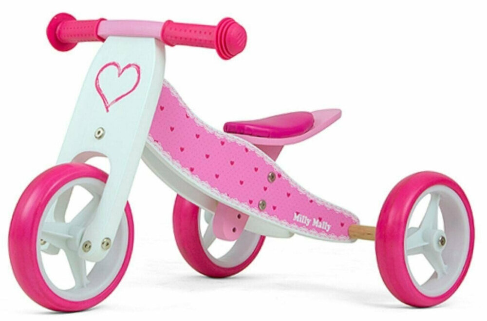Rowerek biegowy MILLY MALLY Jake Hearts 2w1 Różowo-biały regulacja wysokości siodełka zminimalizowane ryzyko występowania otarć ergonomiczna forma miękkie wykończenie siedziska