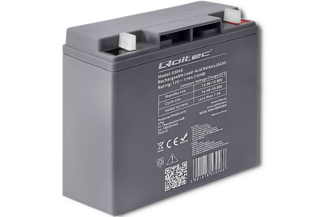Akumulator QOLTEC 53046 17Ah 12V żywotność bateria wspomaganie waga wymiary przenośny