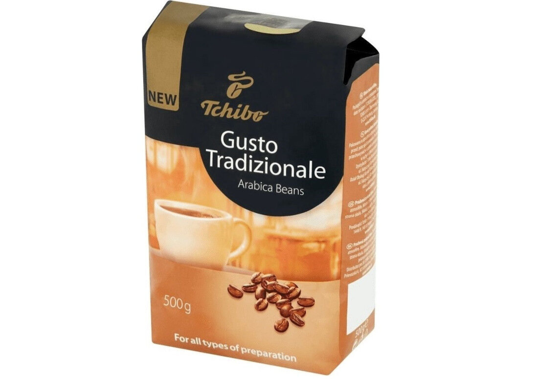 Kawa ziarnista TCHIBO Gusto Tradizionale Arabica 0.5 kg bogactwo ziaren arabiki kawa o jedwabistym i zrownowazonym smaku z nuta oczecha laskowego indywidualny proces palenia ziaren smak aromat kawa
