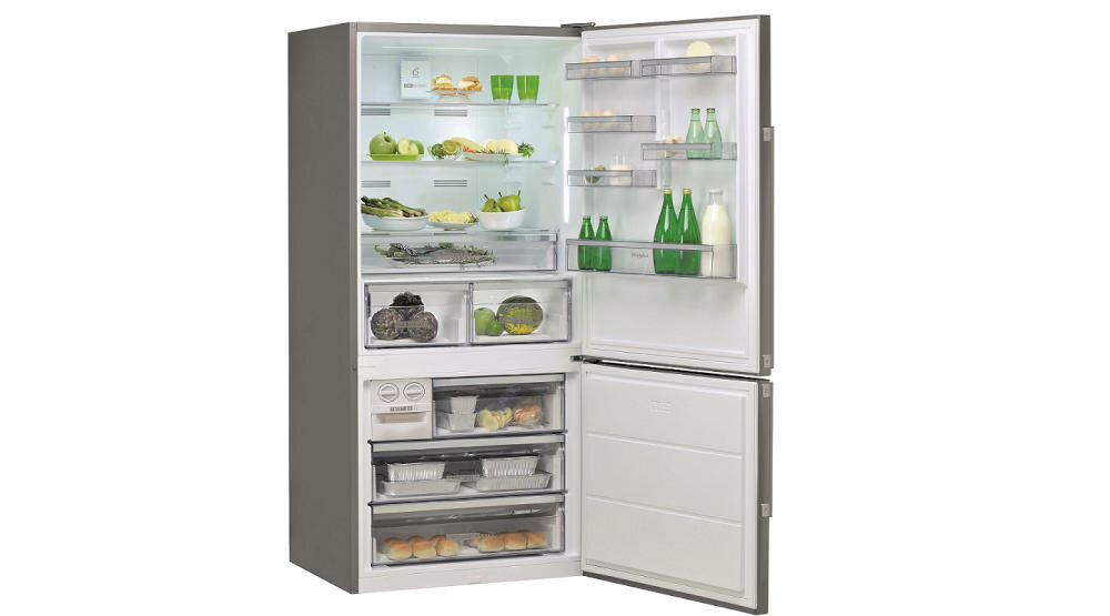 WHIRLPOOL-W84BE-72-X chłodziarka zamrażarka lodówka rodzinna funkcjonalna przechowywanie przestrzeń półki przegródki szuflady alarm wzrostu temperatury szybkie chłodzenie zmiana kierunku otwierania drzwi