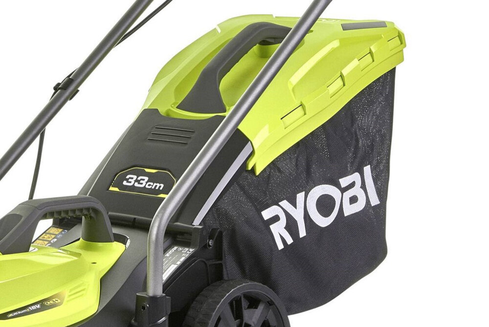 Kosiarka akumulatorowa RYOBI RLM18C33B25 siatkowy kosz z plastikową pokrywą o pojemności 35 litrów uchwyt na koszu
