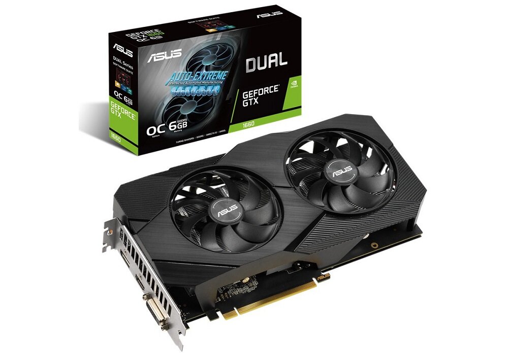Karta graficzna ASUS GeForce GTX 1660 Dual OC EVO 6GB - wygląd ogólny opakowanie 1080p wydaje chłodzenie Axial-Tech Nvidia Turing procesor graficzny TU116
